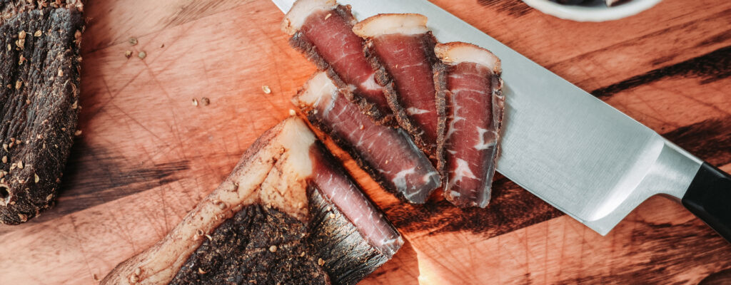 Sliced Biltong on cutting board