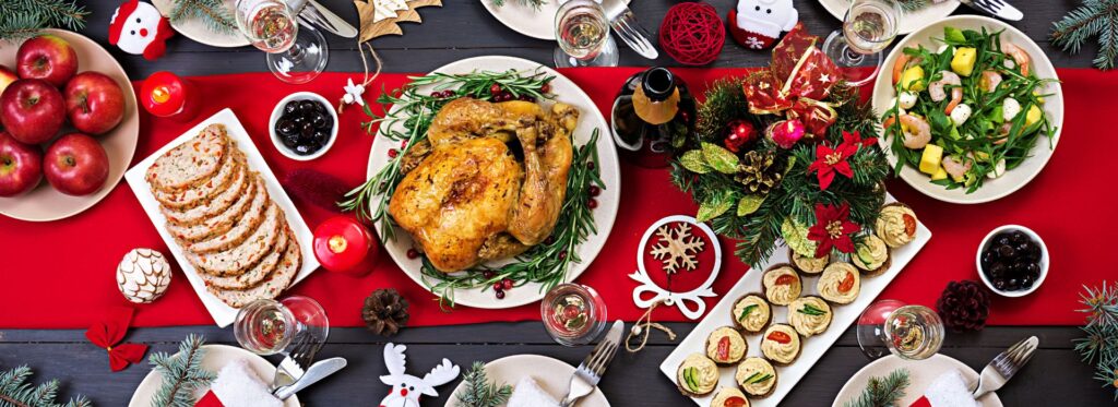 Christmas table full of festive food