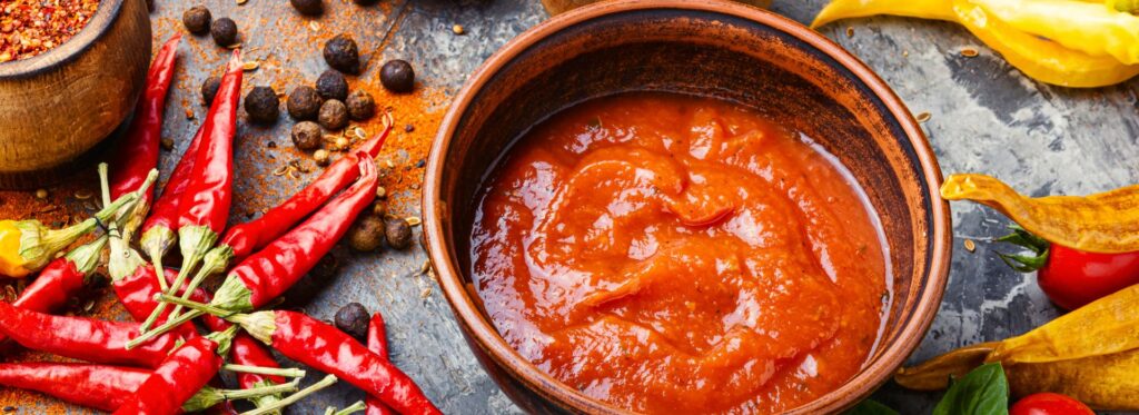 Hot sauce in a dish, chilli peppers alongside.