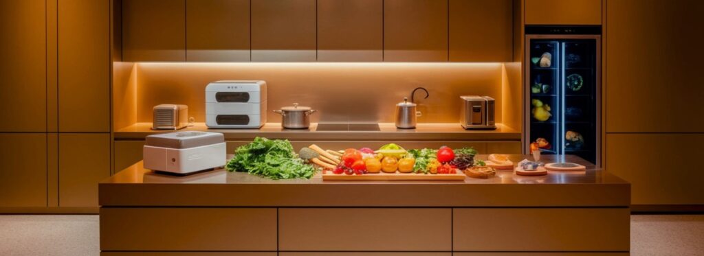 Modern kitchen with futuristic appliances and fresh food on the counter