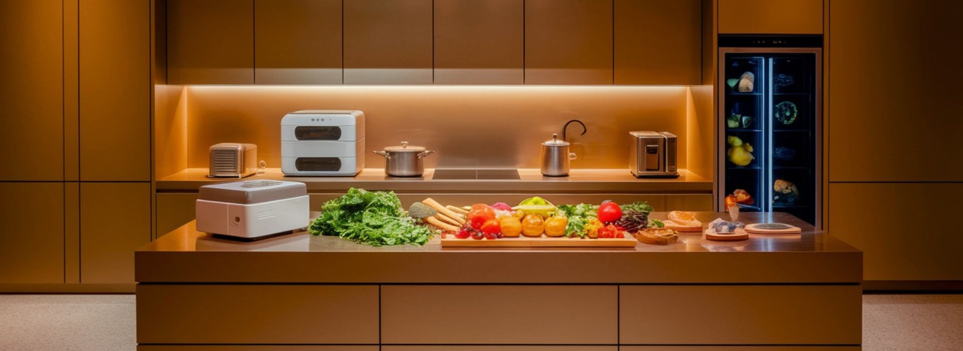 Modern kitchen with futuristic appliances and fresh food on the counter